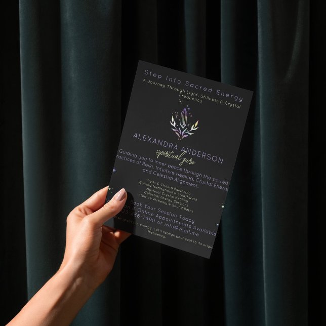 Prospectus 11,4 Cm X 14,2 Cm Crystales spirituelles mystiques noires (Black Mystical Holographic Spiritual Crystals Flyer)