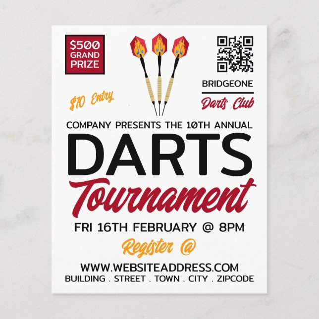 Prospectus 11,4 Cm X 14,2 Cm Darts Design, Darts Tournament Publicité (Devant)