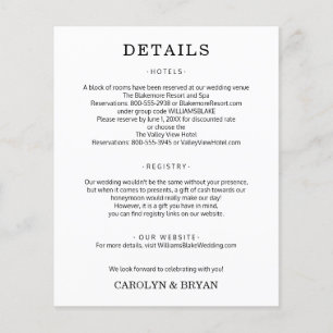 Prospectus 11,4 Cm X 14,2 Cm Dépliant de détails de mariage simple budget