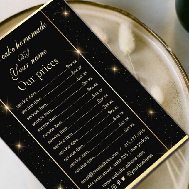 Prospectus 11,4 Cm X 14,2 Cm Dépliant de liste de prix élégant noir et or (#flyer #pricelist #productmenu #blackandgold #chick #gold whisk #FauxGold #sparkles #goldframe)