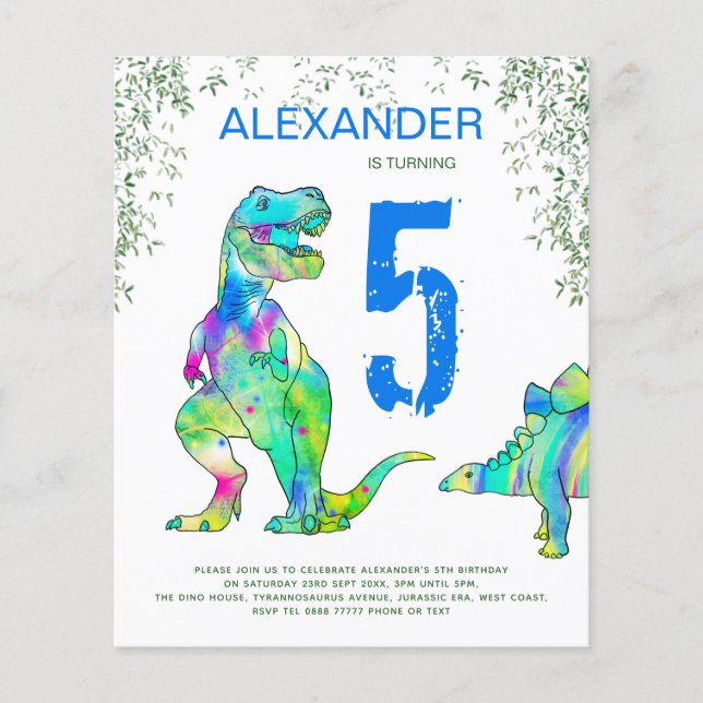 Prospectus 11,4 Cm X 14,2 Cm Dinosaur Anniversaire Fête Budget Invitation bleu  (Devant)