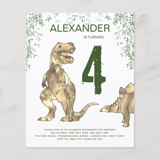 Prospectus 11,4 Cm X 14,2 Cm Dinosaur Anniversaire Fête Budget Invitation Circu (Devant)