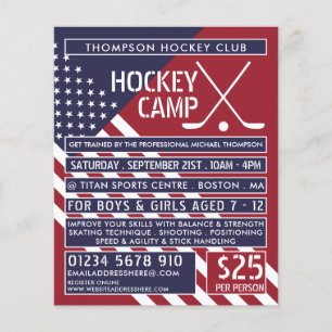 Prospectus 11,4 Cm X 14,2 Cm Drapeau Américain, Hockey Camp Annonce