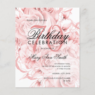 Prospectus 11,4 Cm X 14,2 Cm Élégant 70e anniversaire Floral Rose Invitation or