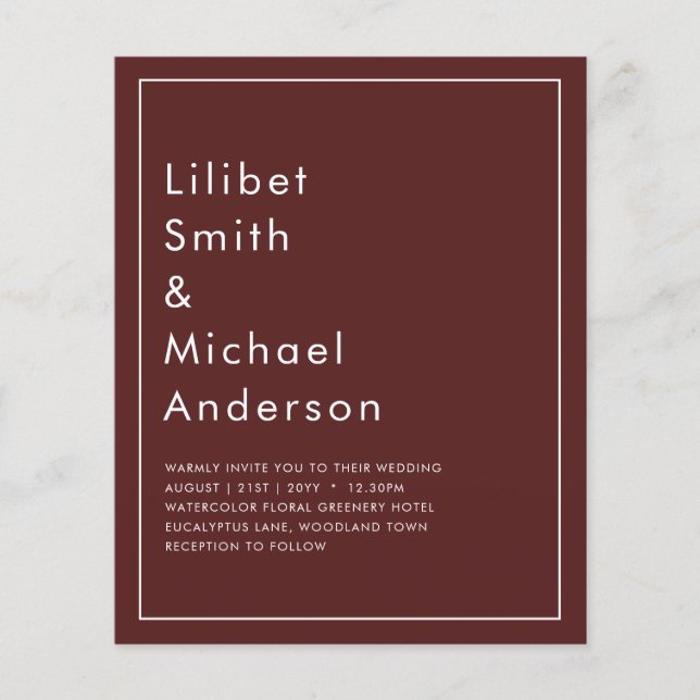 Prospectus 11,4 Cm X 14,2 Cm Élégant BUDGET Bourgogne Monochrome Mariage Simple (Devant)