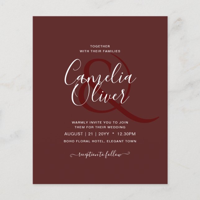 Prospectus 11,4 Cm X 14,2 Cm Élégant BUDGET Bourgogne Monochrome Mariage Simple (Devant)