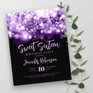 Prospectus 11,4 Cm X 14,2 Cm Élégant budget Purple Spark Sweet 16 Invitation