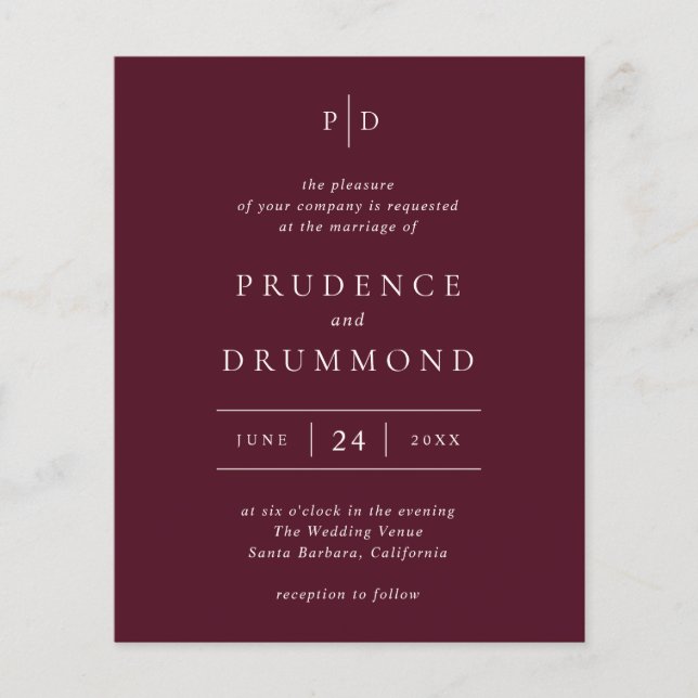 Prospectus 11,4 Cm X 14,2 Cm Elegant Deep Burgundy Classic Wedding Invitation (Devant)