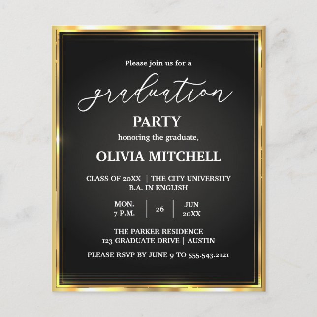 Prospectus 11,4 Cm X 14,2 Cm Elegant Gold Frame Graduation Party invitation (Devant)