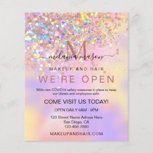 Prospectus 11,4 Cm X 14,2 Cm Elegant Holographic Glitter We're Open Salon Chic