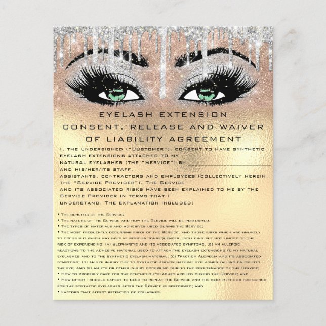 Prospectus 11,4 Cm X 14,2 Cm EYELASH EXTENSION RELEASE WAIVER Green Gold (Devant)