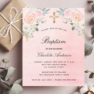 Prospectus 11,4 Cm X 14,2 Cm Faire-part de budget floral rose pâle pour baptême