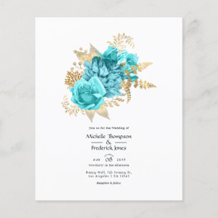 Prospectus 11,4 Cm X 14,2 Cm Faire-part de mariage floral Aqua et Or