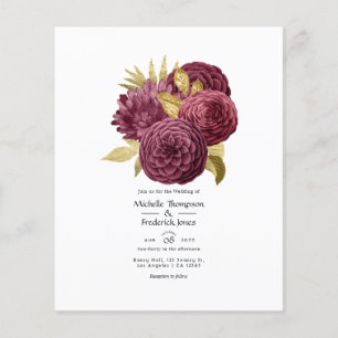 Prospectus 11,4 Cm X 14,2 Cm Faire-part de mariage floral burgundy et or vintag