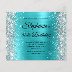 Prospectus 11,4 Cm X 14,2 Cm Fête des 50 ans Turquoise Bleu Paillettes Argentée