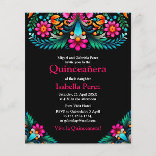 Prospectus 11,4 Cm X 14,2 Cm Fête mexicaine noire de Quinceanera florale Annive