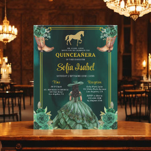 Prospectus 11,4 Cm X 14,2 Cm Floral Emerald Green Boots Horse Quinceanera