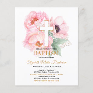 Prospectus 11,4 Cm X 14,2 Cm Floral & Or/BUDGET- Invitation Baptême Fille.