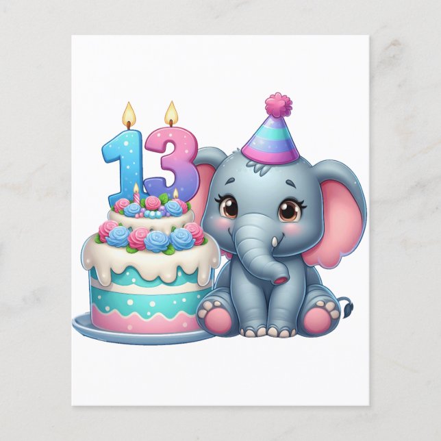 Prospectus 11,4 Cm X 14,2 Cm Gâteau d'éléphant pour 13e anniversaire (Devant)