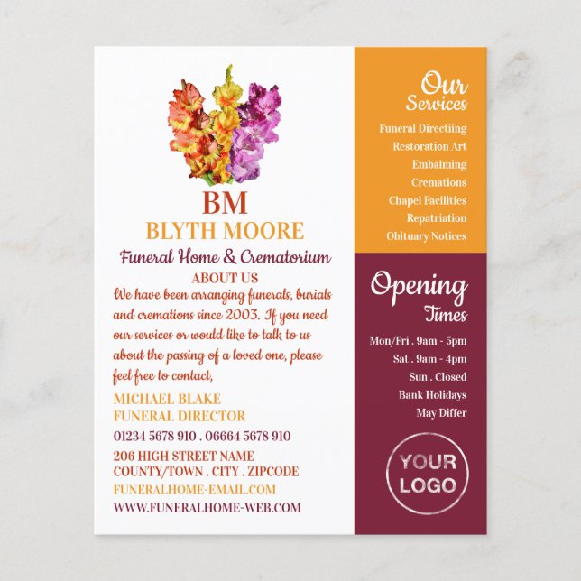 Prospectus 11,4 Cm X 14,2 Cm Gladiolus Flowers, Maison funéraire, Directeurs (Devant)