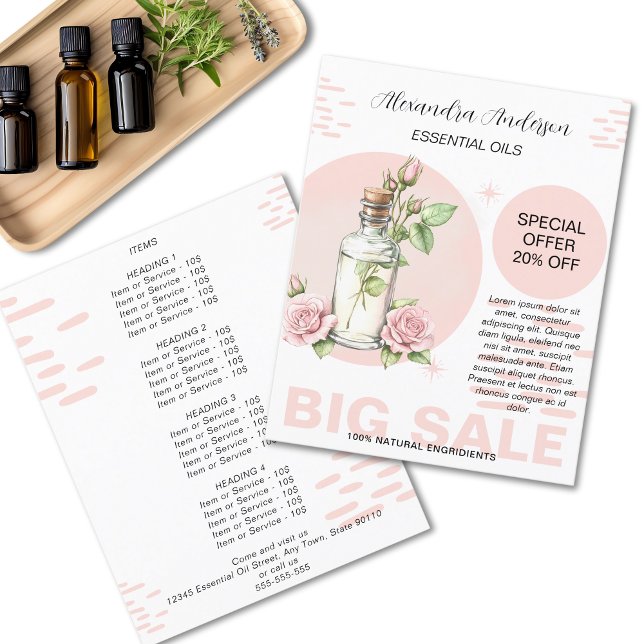 Prospectus 11,4 Cm X 14,2 Cm Huile essentielle de rose, bouteille promotionnell (Rose Essential Oils Watercolor Floral Bottle Promo Flyer)