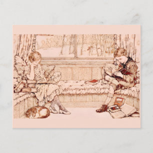 Prospectus 11,4 Cm X 14,2 Cm Illustration cosy d'enfants lisant de style vintag