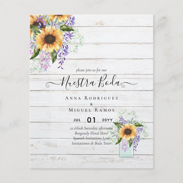 Prospectus 11,4 Cm X 14,2 Cm Invitacion Nuestra Boda Mariage espagnol SUNFLOWER (Devant)