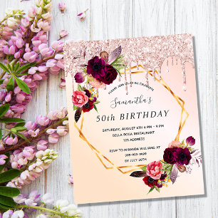Prospectus 11,4 Cm X 14,2 Cm Invitation à budget floral or rose