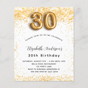 Prospectus 11,4 Cm X 14,2 Cm Invitation budget anniversaire 30 ans blanc et or 