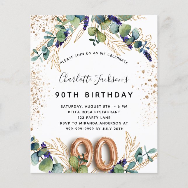 Prospectus 11,4 Cm X 14,2 Cm Invitation budget eucalyptus pour 90e anniversaire (Devant)
