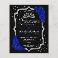 Invitation budget Quinceañera noir argent bleu roy