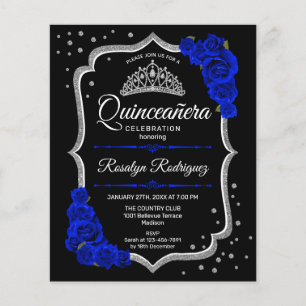 Prospectus 11,4 Cm X 14,2 Cm Invitation budget Quinceañera noir argent bleu roy