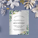 Prospectus 11,4 Cm X 14,2 Cm Invitation d'anniversaire de l'eucalyptus argenté<br><div class="desc">Veuillez noter que cette invitation est sur papier de prospectus et très mince. Les enveloppes ne sont pas incluses. Pour des invitations plus épaisses (même conception), veuillez visiter notre magasin. Arrière - plan à l'aspect argent faux décoré de végétation eucalyptus, feuillage doré et parties scintillant argent et vert faux, scintille....</div>