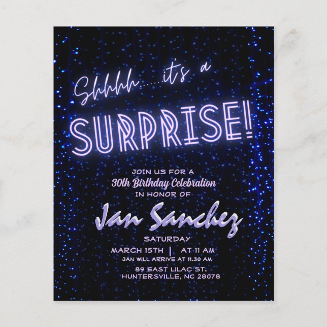 Prospectus 11,4 Cm X 14,2 Cm Invitation d'anniversaire surprise budget bleu et  (Devant)