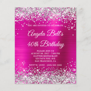 Prospectus 11,4 Cm X 14,2 Cm Invitation de 40e anniversaire argent pailleté ros