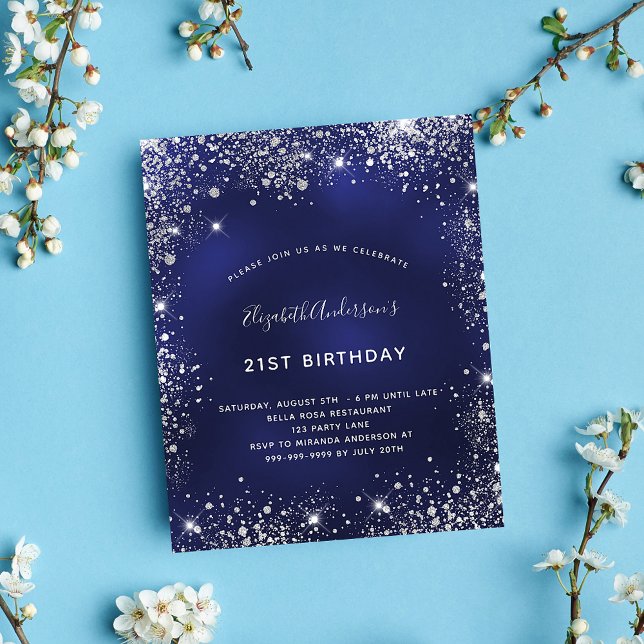 Prospectus 11,4 Cm X 14,2 Cm Invitation de budget bleu marine argent pour anniv (Créateur téléchargé)