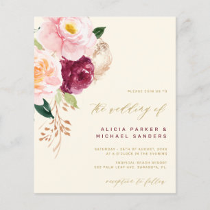 Prospectus 11,4 Cm X 14,2 Cm Invitation de mariage aquarelle florale or burgund