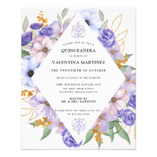 Prospectus 11,4 Cm X 14,2 Cm Invitation de Quinceanera Florale d'or violet budg