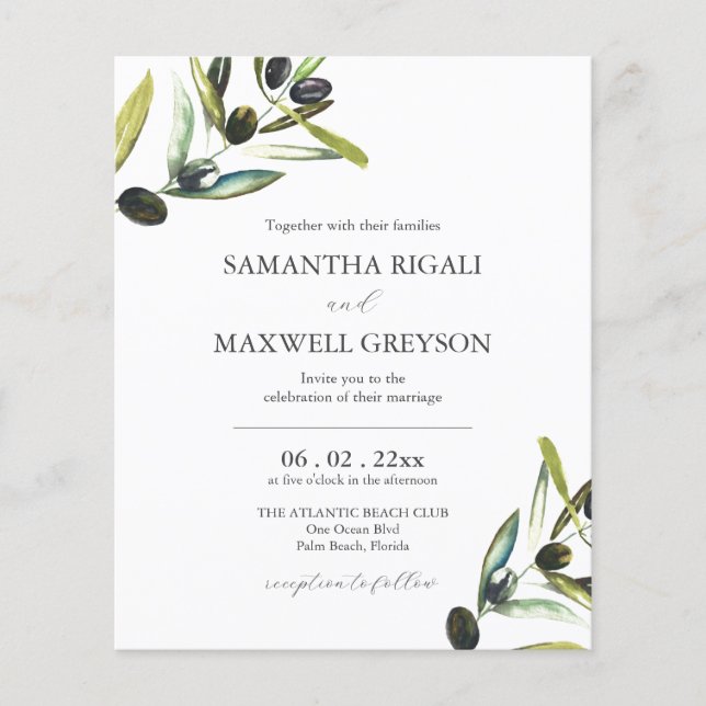Prospectus 11,4 Cm X 14,2 Cm Invitation des Mariages d'olives botaniques (Devant)