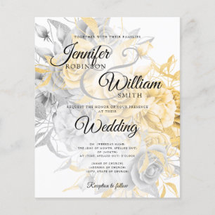 Prospectus 11,4 Cm X 14,2 Cm Invitation florale Mariage or et argent