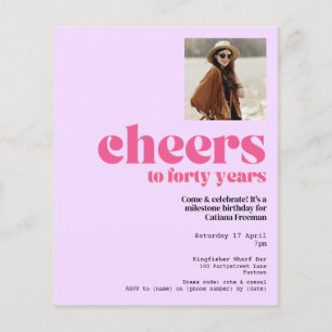Prospectus 11,4 Cm X 14,2 Cm Invitation, Rétro Violet & Rose, 40e anniversaire