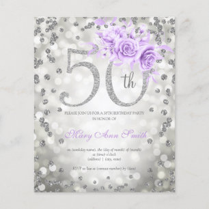 Prospectus 11,4 Cm X 14,2 Cm Invitation Silver Purple Floral 50e Anniversaire
