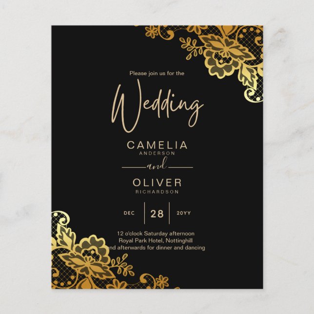 Prospectus 11,4 Cm X 14,2 Cm Invitations Black Gold Lace Wedding (Devant)