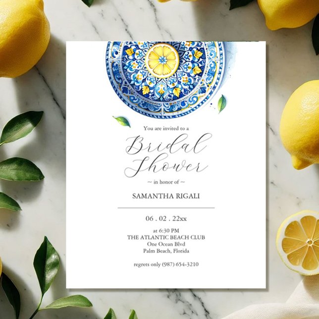 Prospectus 11,4 Cm X 14,2 Cm Invitations de douche nuptiale incroyables Citrus (Budget bridal shower invitations watercolor yellow lemons green leaves blue tile plate)