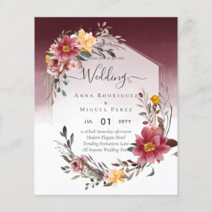 Prospectus 11,4 Cm X 14,2 Cm LeahG Bourgogne Jaune Mariage Floral Invitation