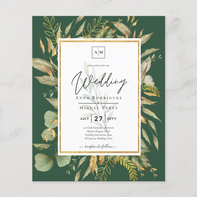 Prospectus 11,4 Cm X 14,2 Cm LeahG Emerald Green Greenery Mariage Invitation (Devant)