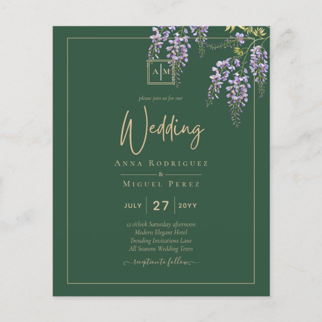 Prospectus 11,4 Cm X 14,2 Cm LeahG Green Purple WISTERIA Wedding INVITE (Devant)