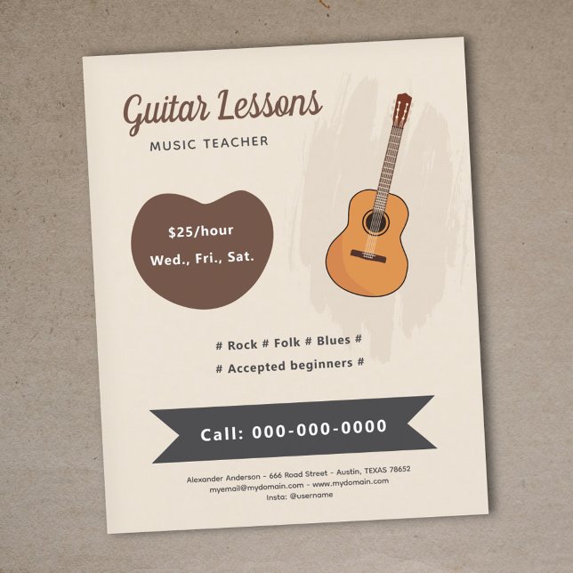 Prospectus 11,4 Cm X 14,2 Cm Leçons de guitare (Guitar Lessons Flyer)