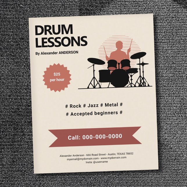 Prospectus 11,4 Cm X 14,2 Cm Leçons de tambour (Drum Lessons Flyer)
