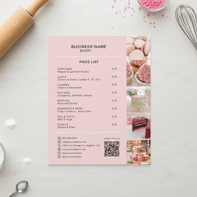 Prospectus 11,4 Cm X 14,2 Cm Liste de prix personnalisée pour boulangerie Photo (Bakery Custom Price List Photo Social Media QR Flyer)